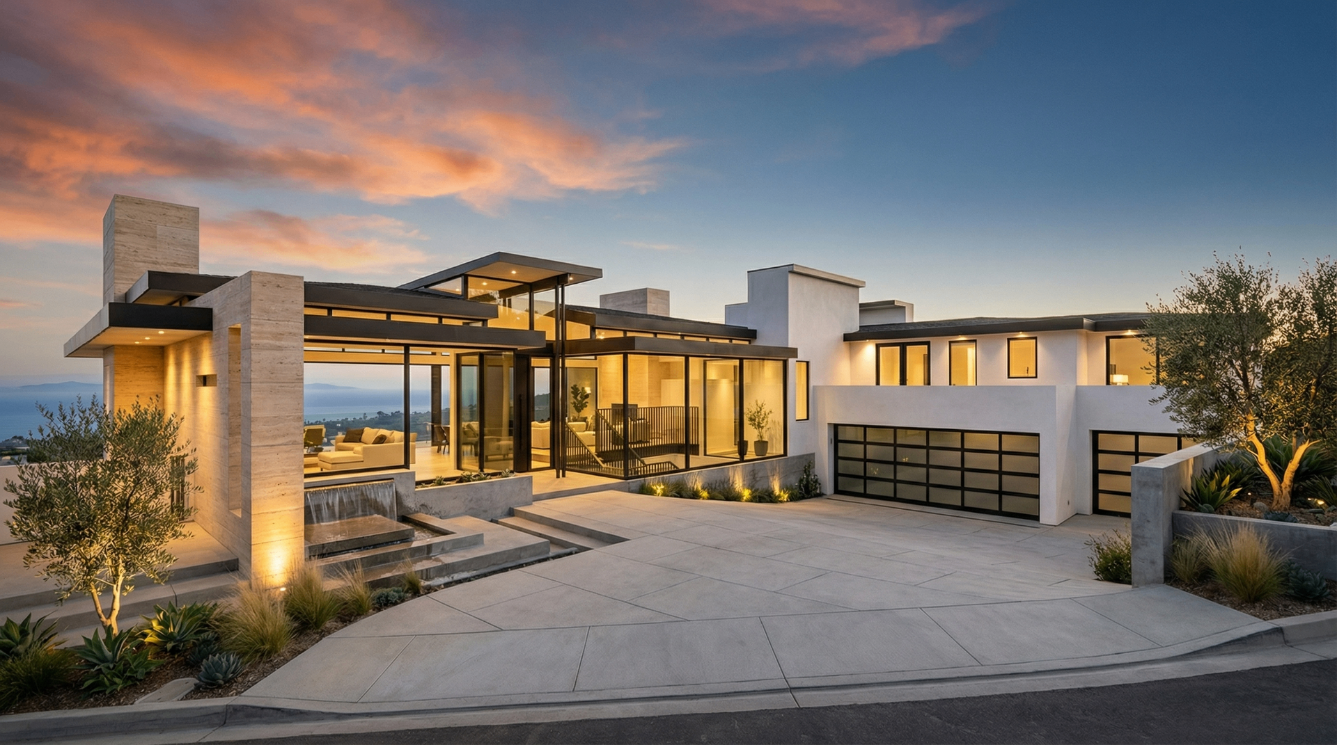2922 Vista Del Mar — modern hillside residence at dusk